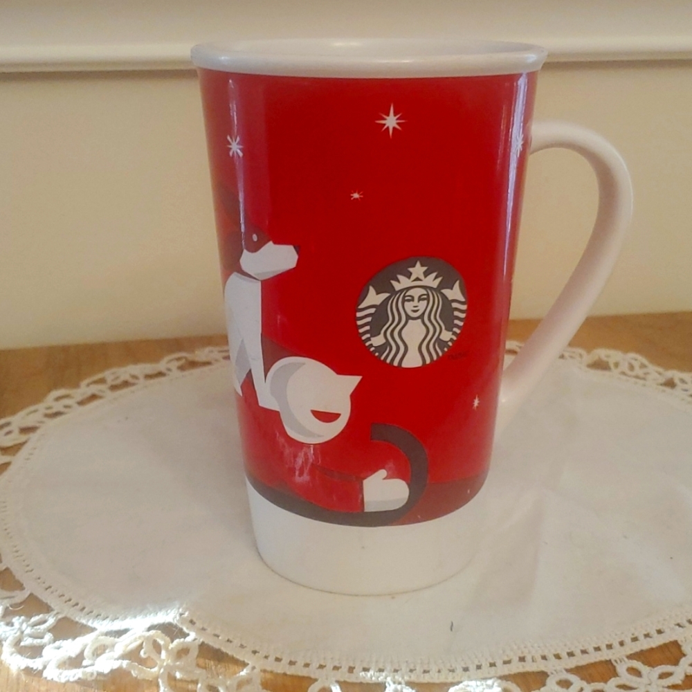 Starbucks Christmas/Holiday 2011 -16 oz Tall Mug Cup Dog Boy on Sled Logo